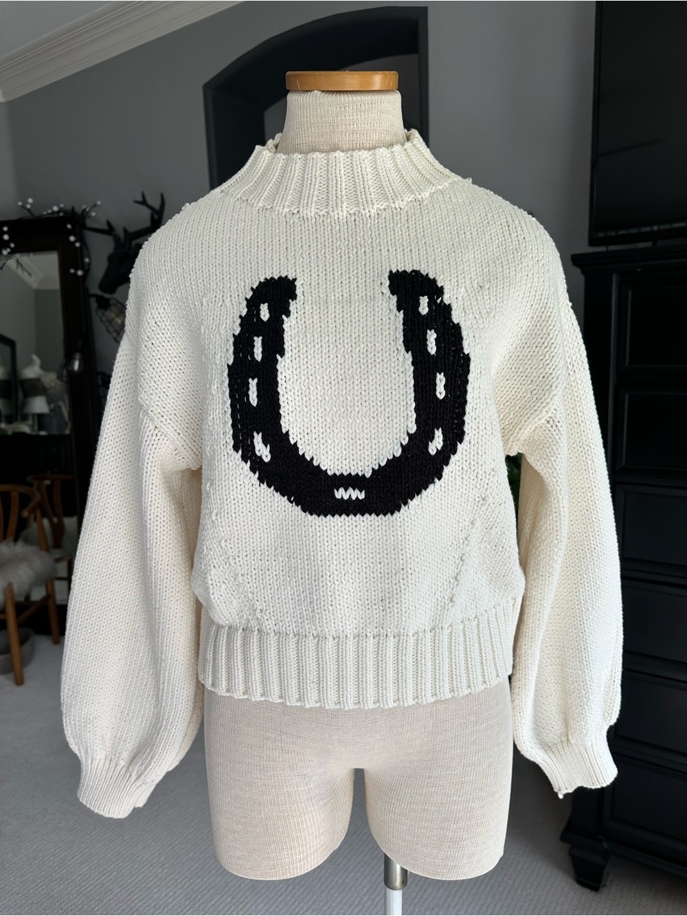 Maeve Anthropologie Knit Sweater with Black Horseshoe Motif size medium